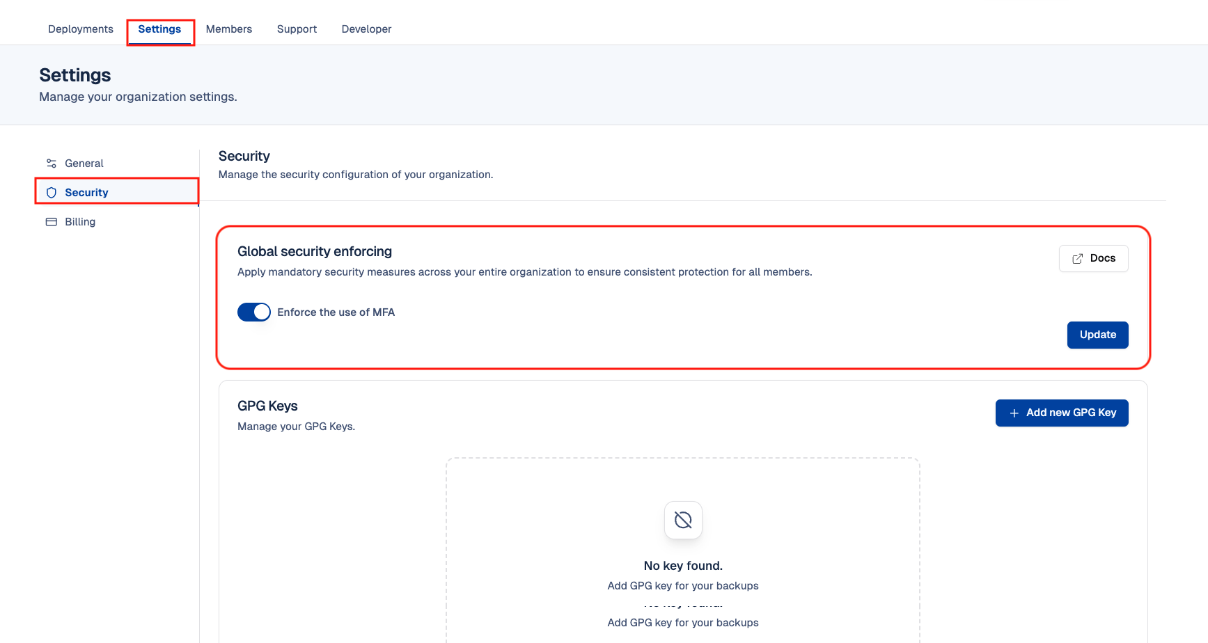 Organisation Settings - 2FA configuration