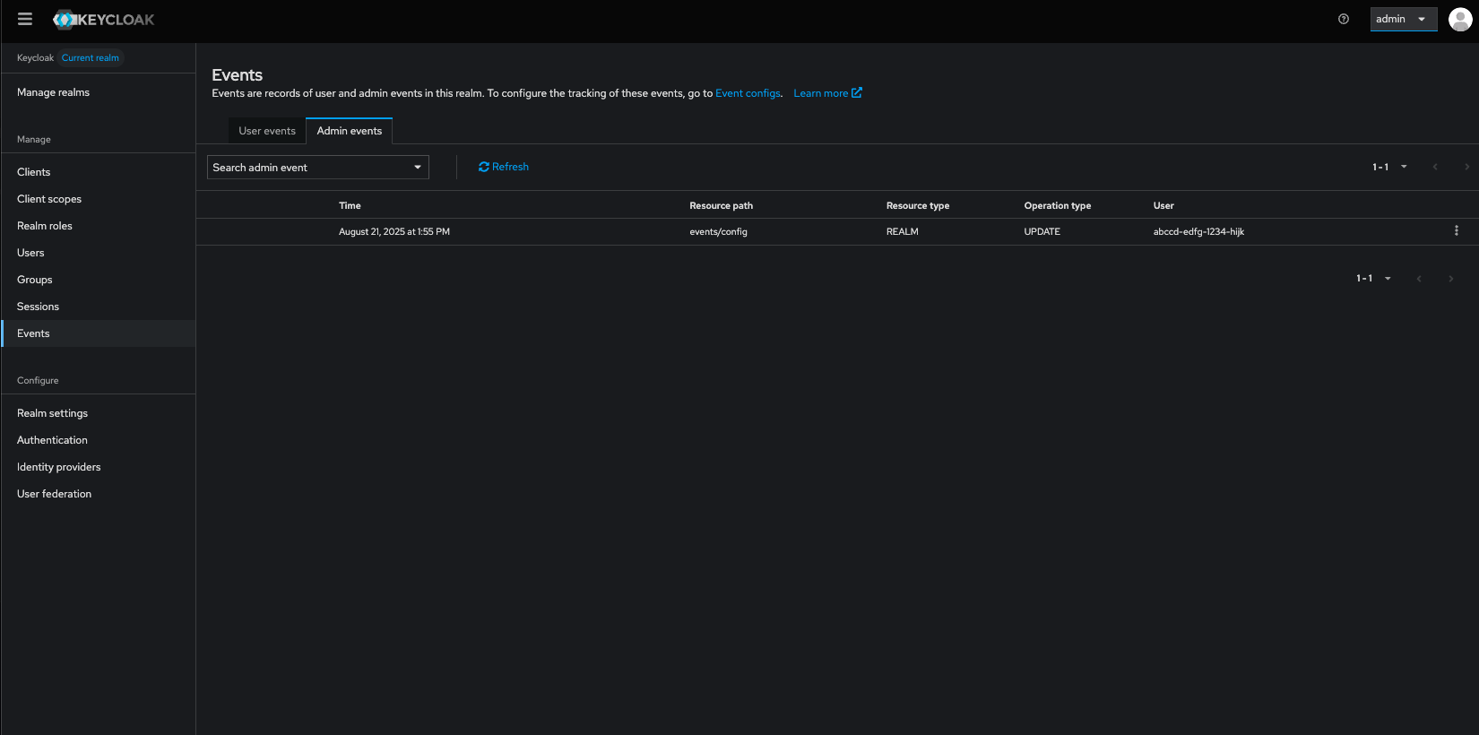Keycloak admin console - Accessing Admin events