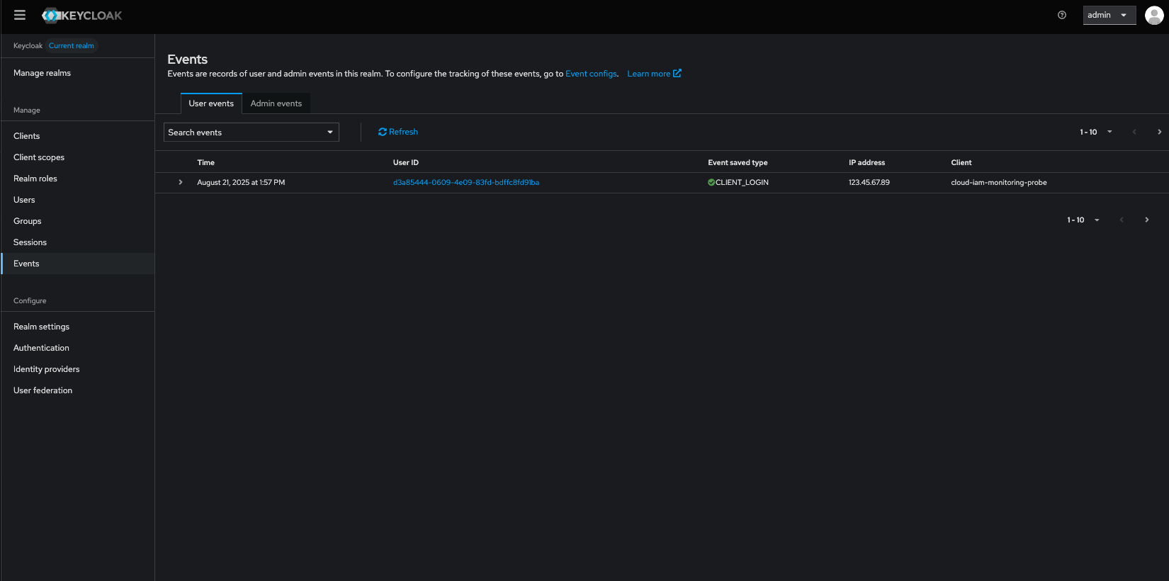 Keycloak admin console - Accessing User events