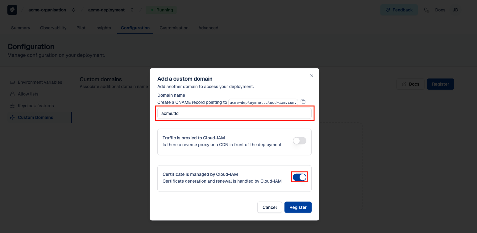 Cloud-IAM Console - Attach the custom domain to the deployment
