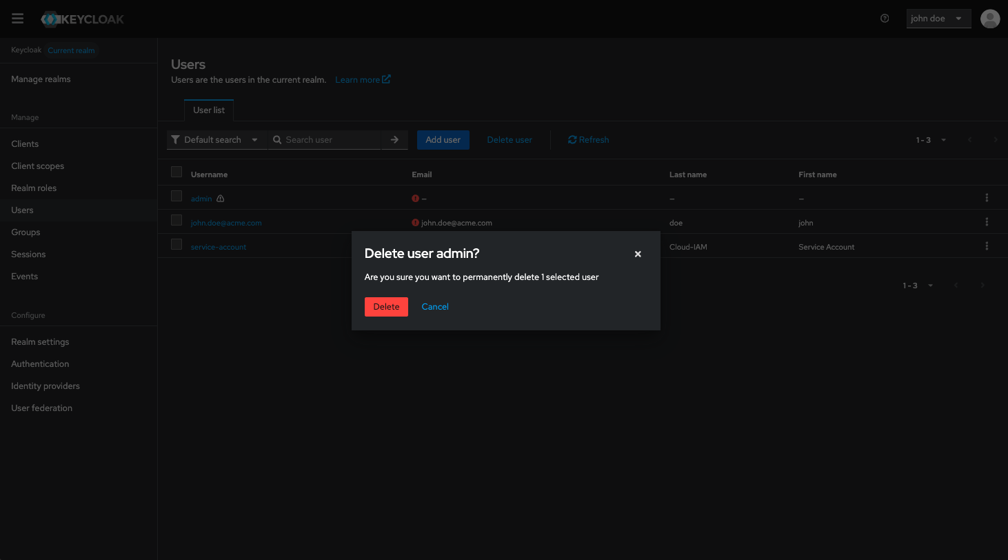 Keycloak admin console - Delete default  User