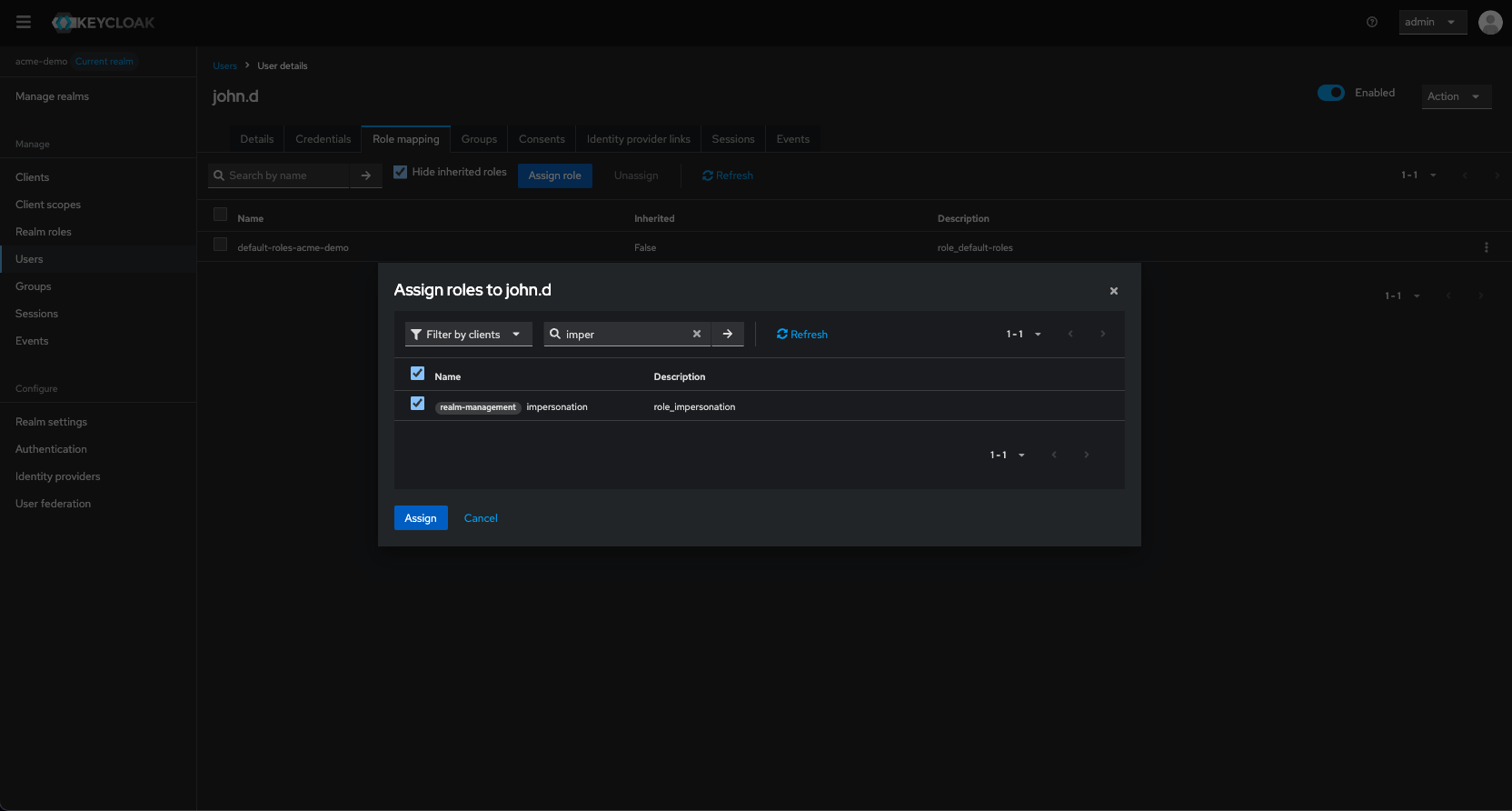 Keycloak Console - Impersonation for Admins