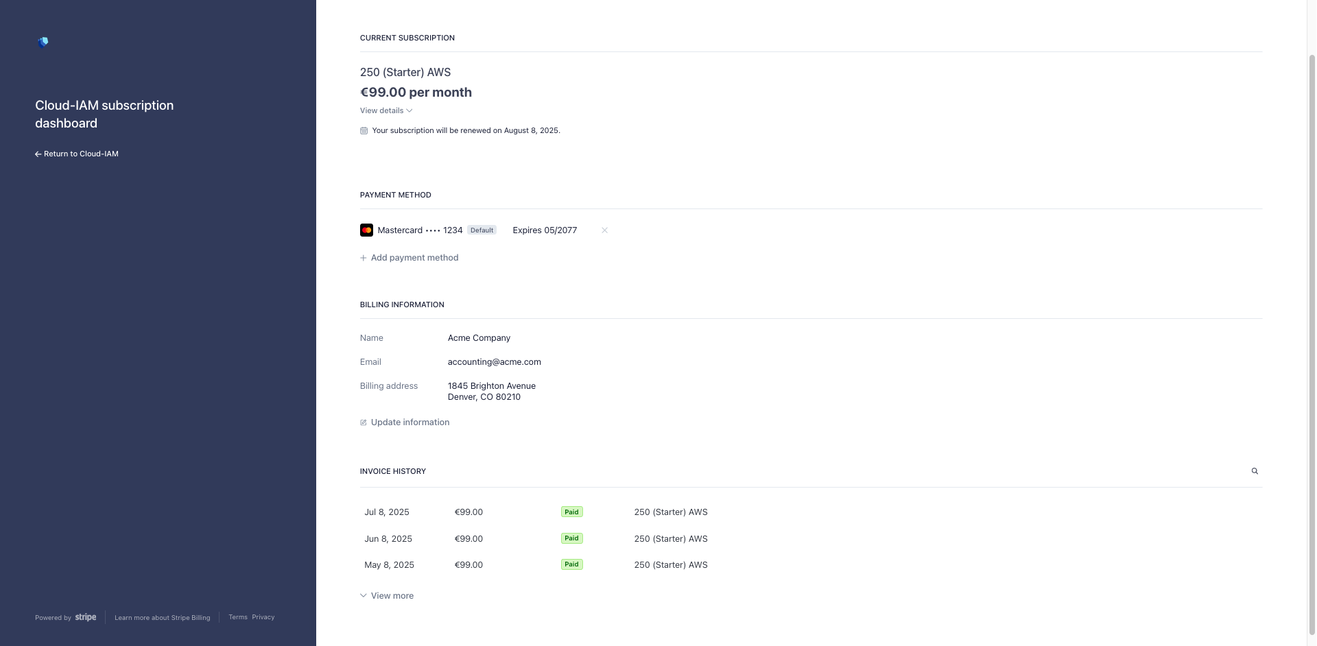 Stripe billing portal - Billing management page