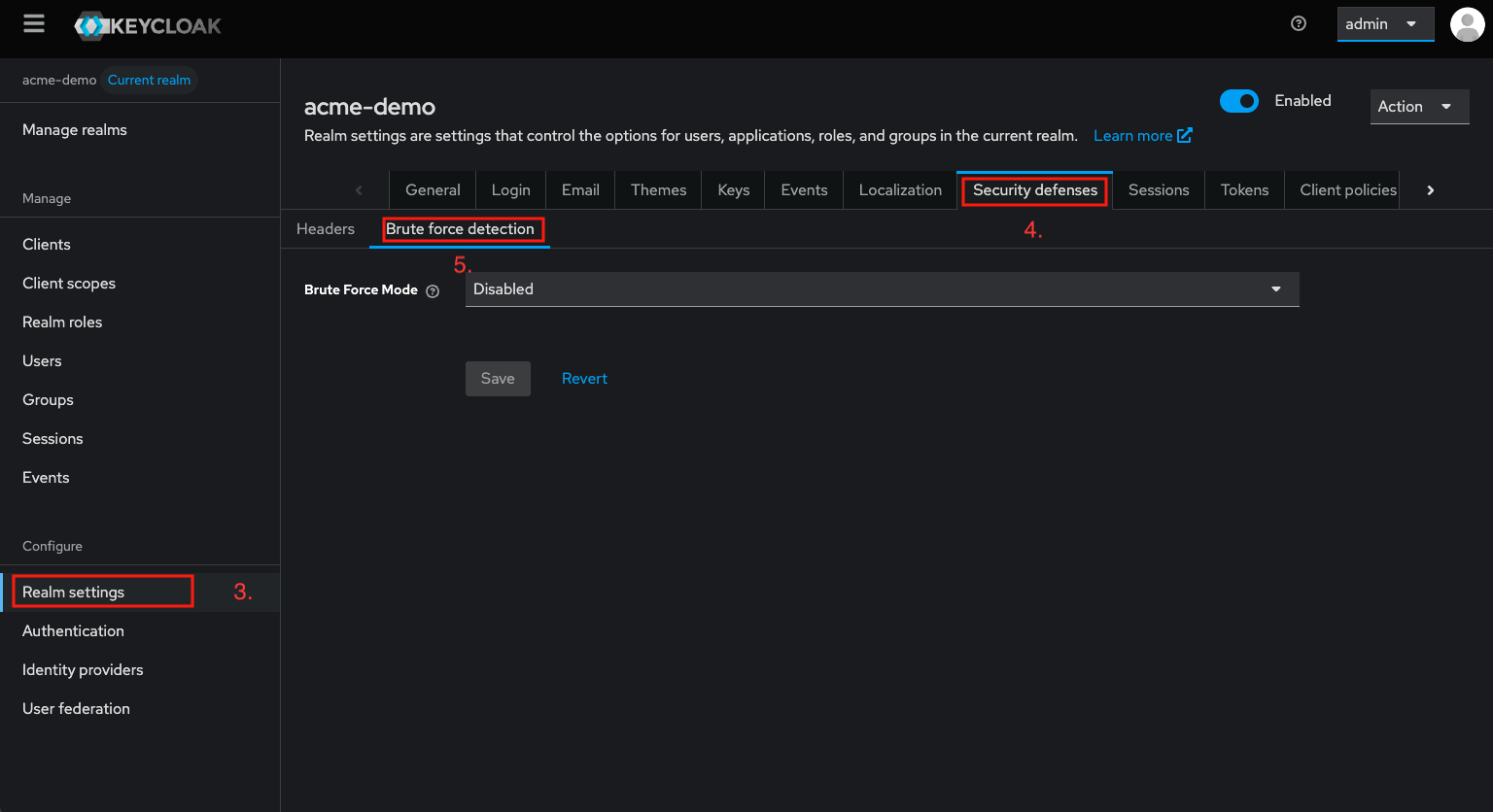 Keycloak admin console - Access to Brute force detection