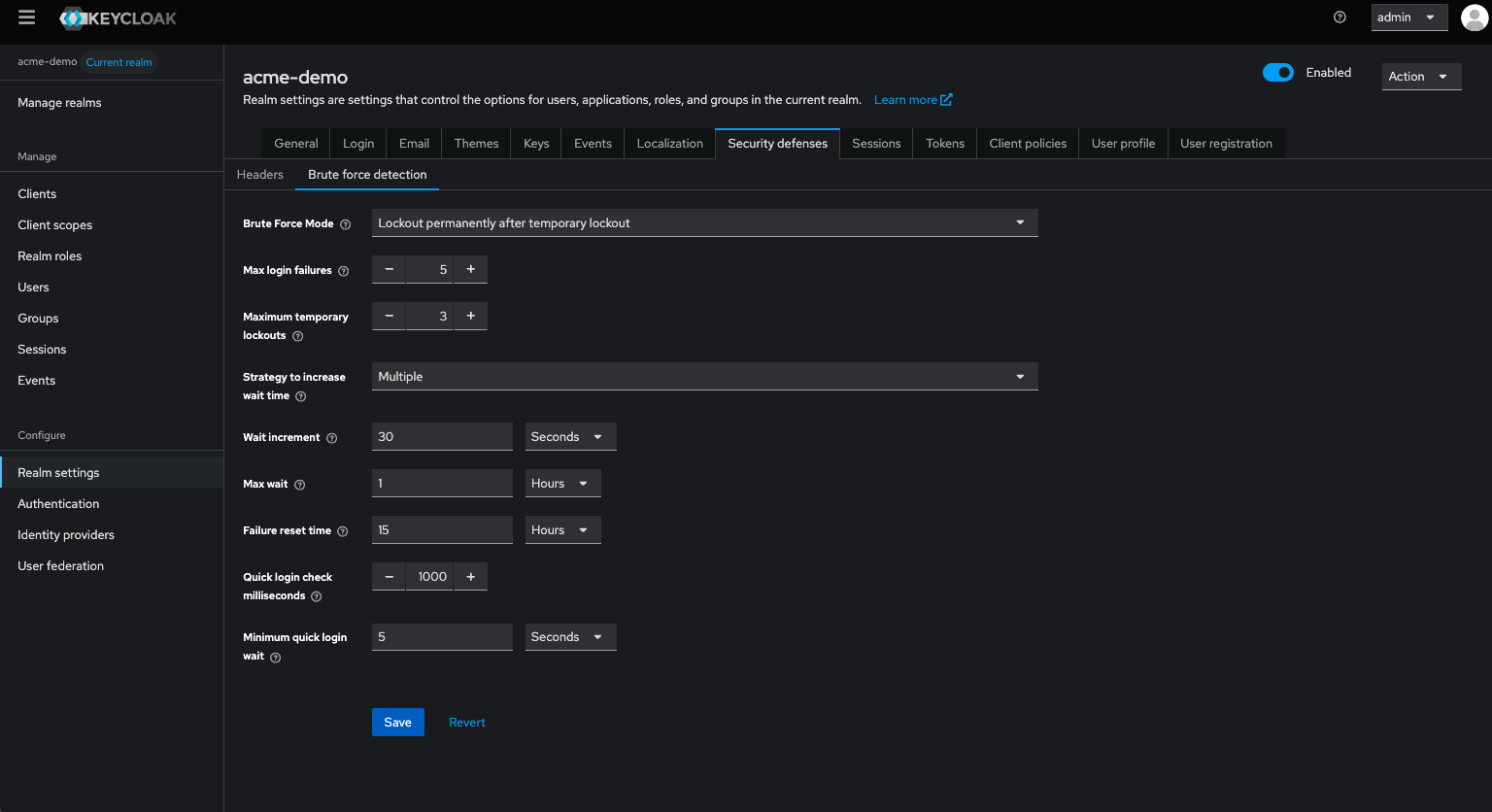 Keycloak admin console - Configure Brute force detection