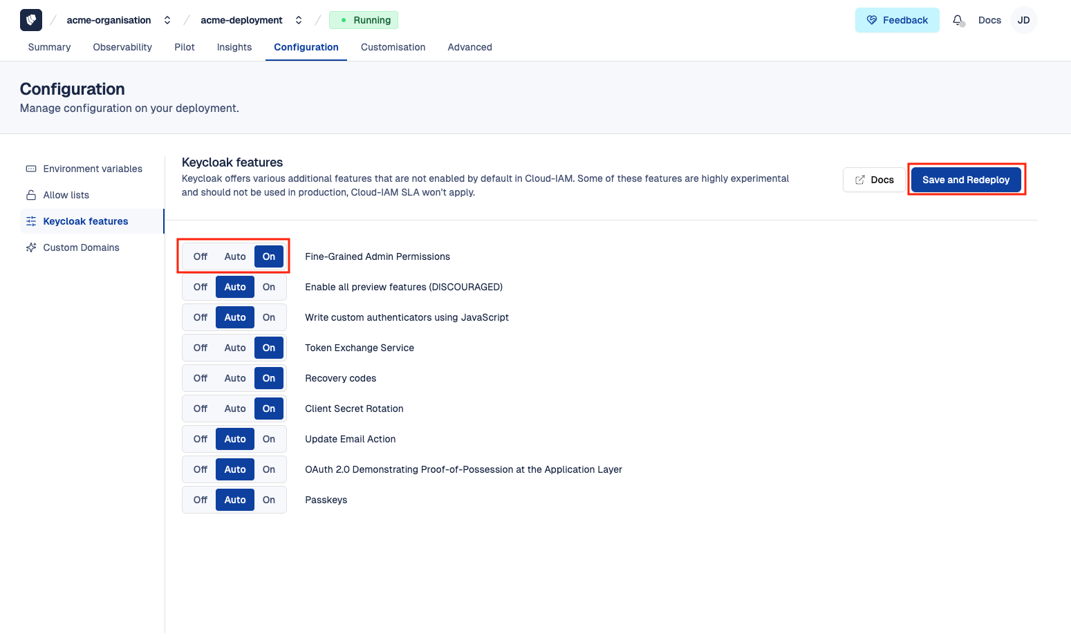 Cloud-IAM Console - Keycloak experimental features