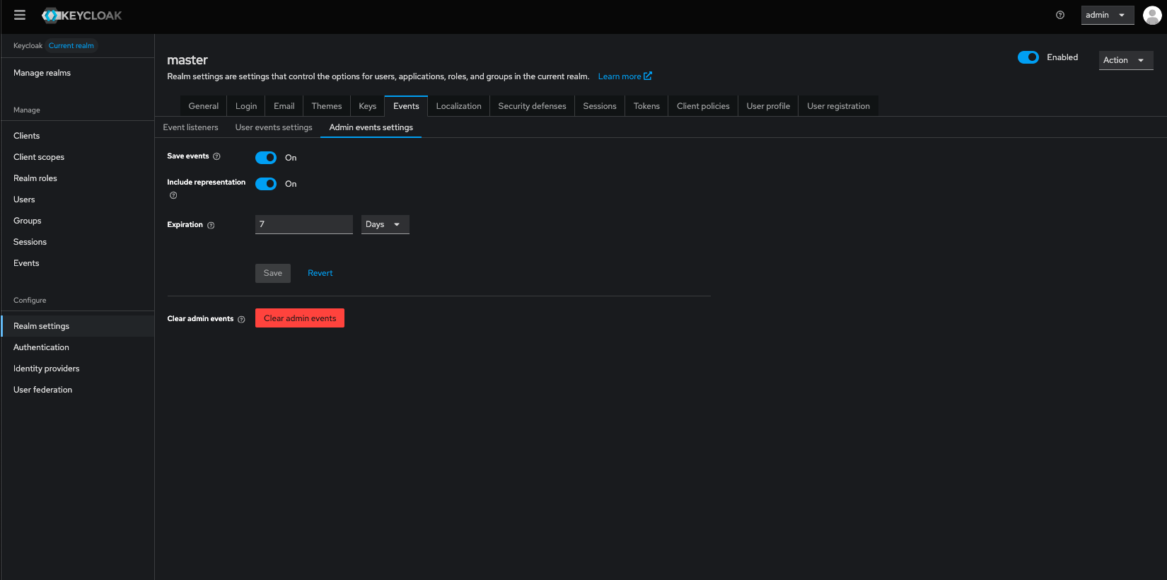 Keycloak admin console - Configure Admin events