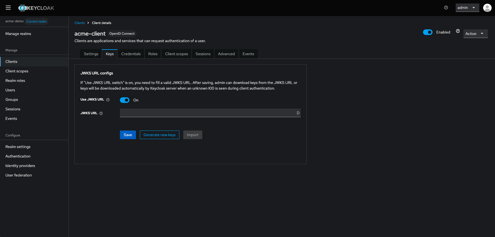 Keycloak admin console - Configure the JWKS URL