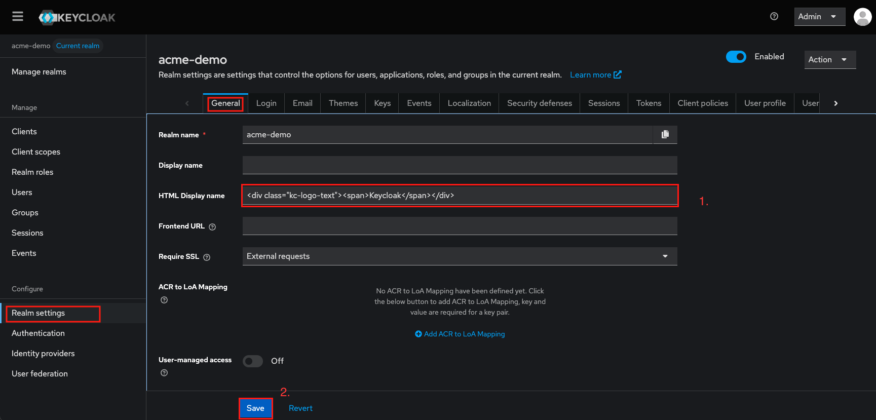 Keycloak admin console - Configure realm theme Keycloak