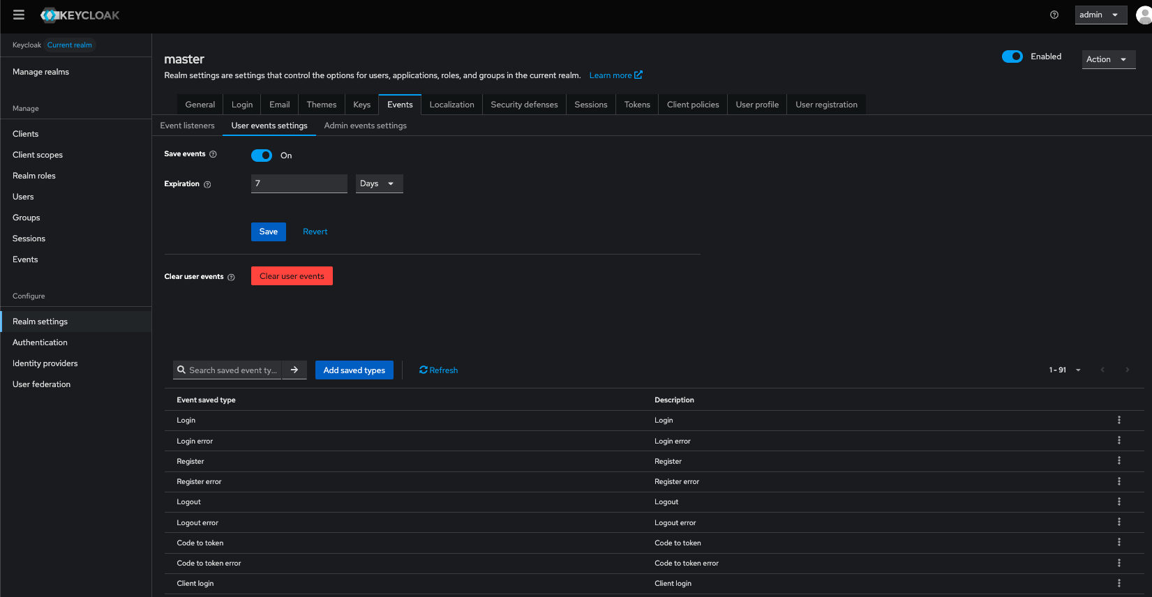 Keycloak admin console - Configure User events
