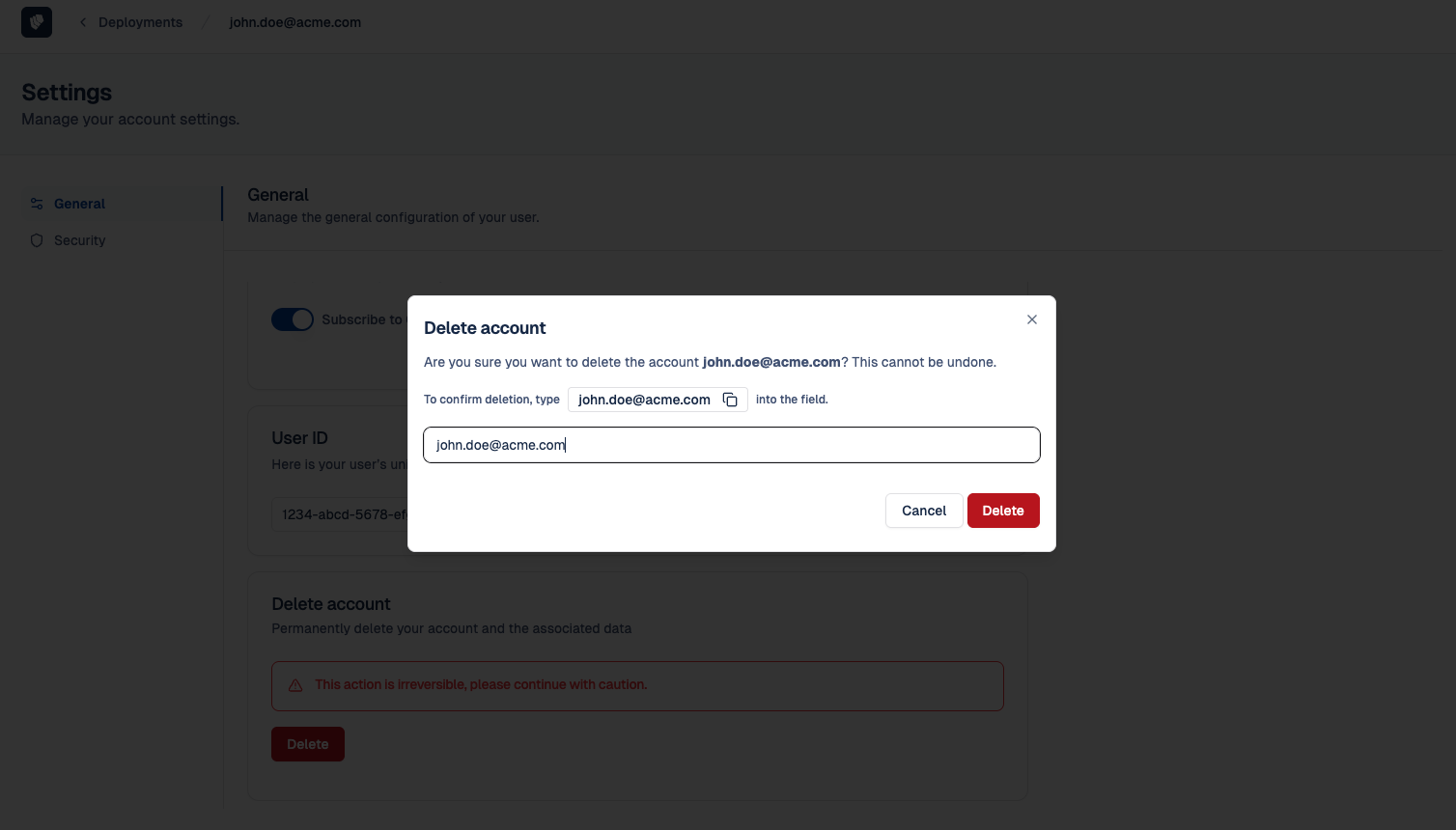 Profile Settings - Delete account