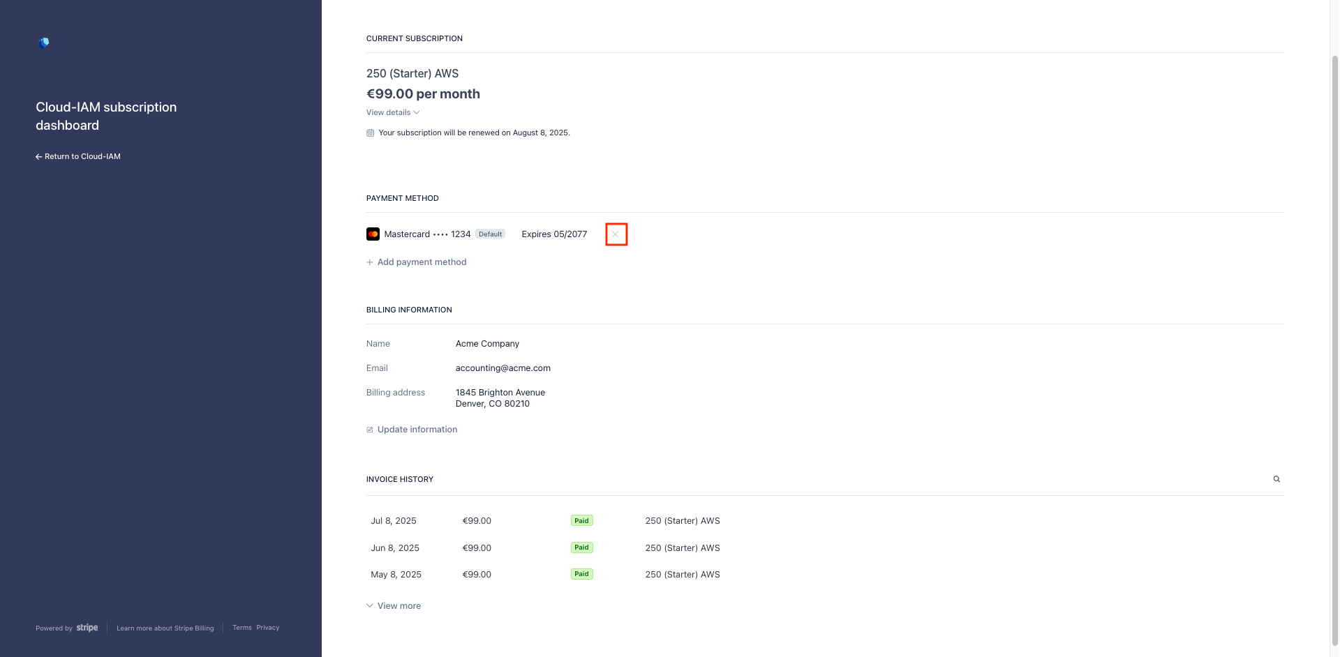 Stripe billing portal - Delete payment method