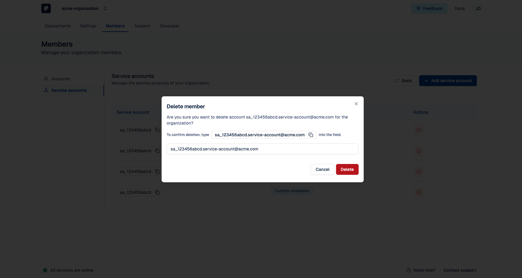 Cloud-IAM Console - Delete a service account