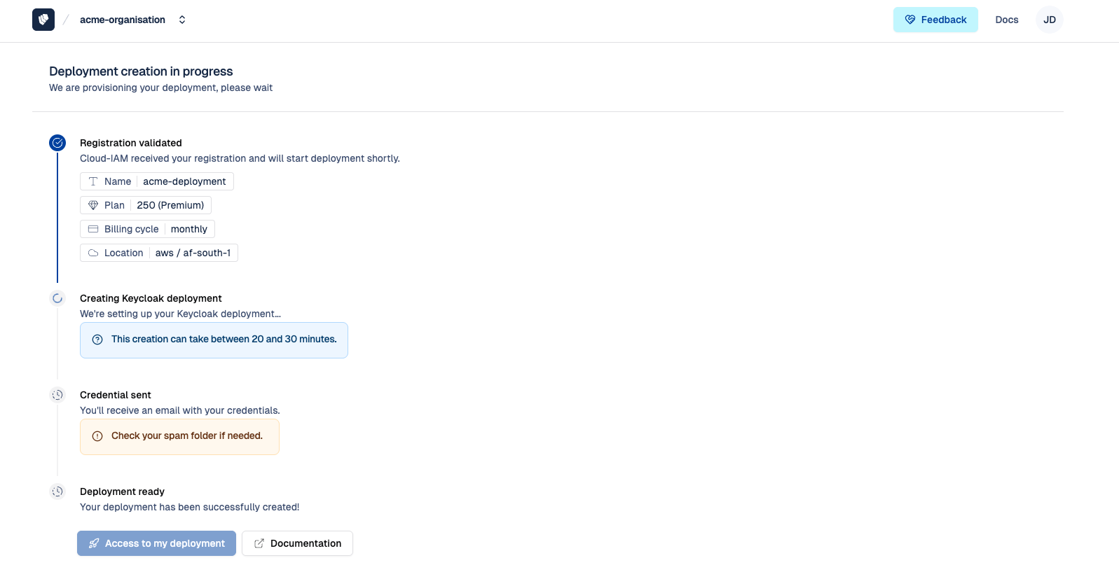 Cloud-IAM console - Deployment creation in progress