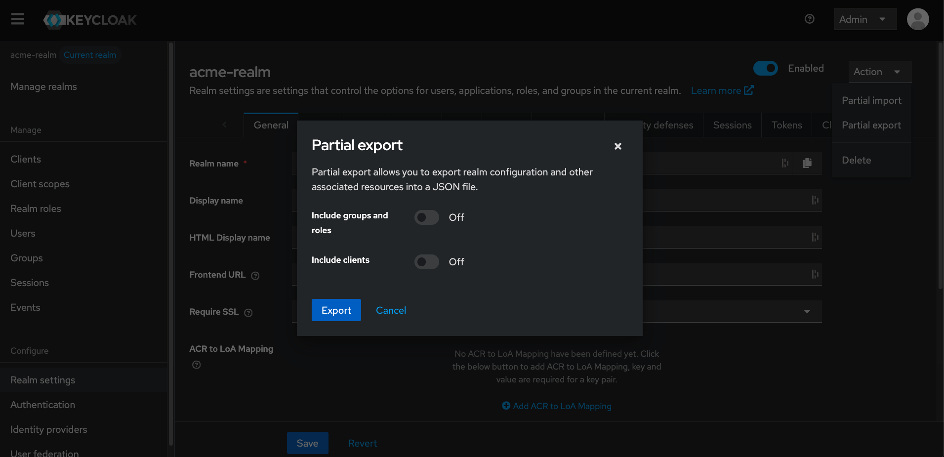 Keycloak admin console - Export .json