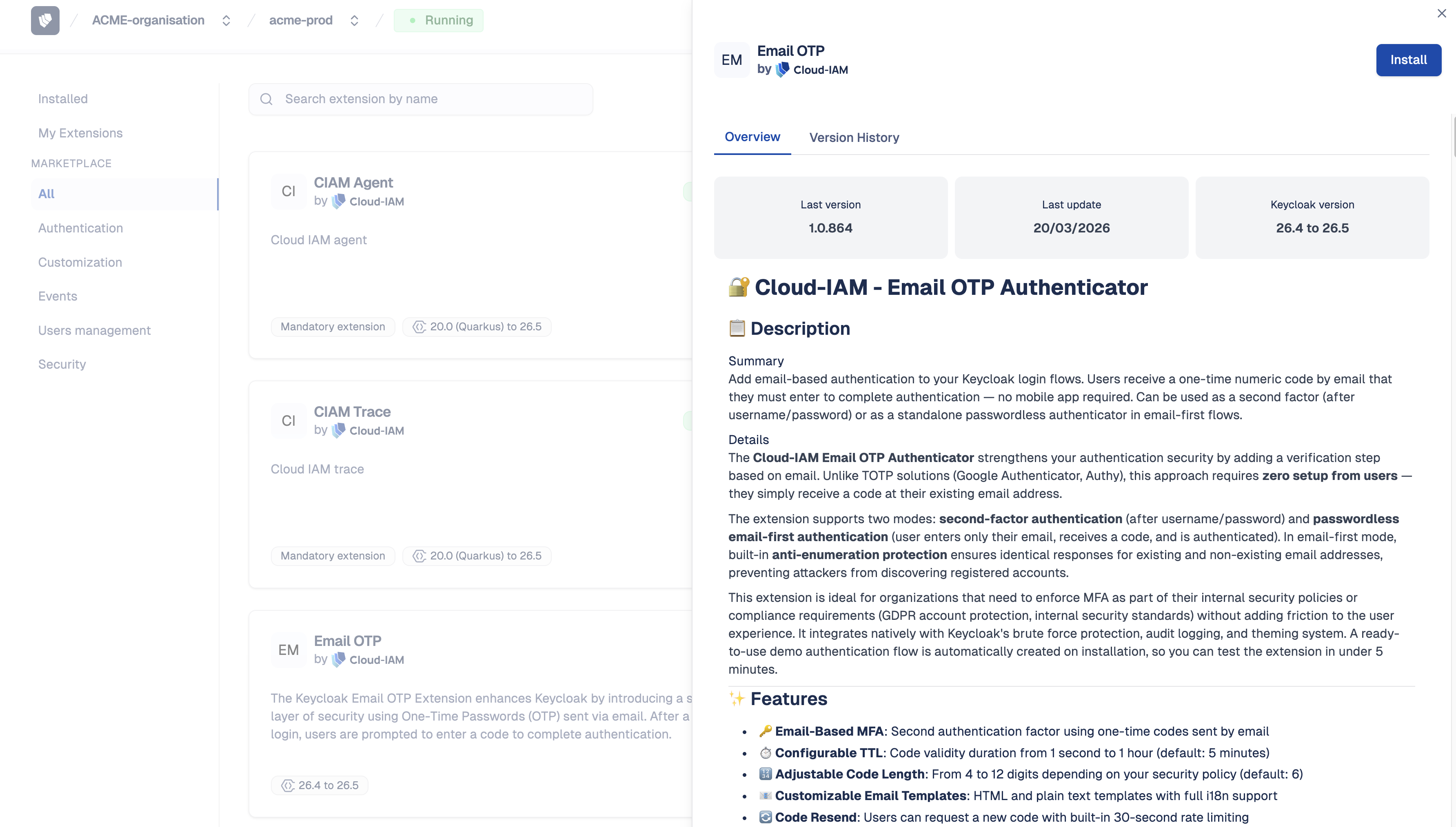 Cloud-IAM Console - Install extension from marketplace