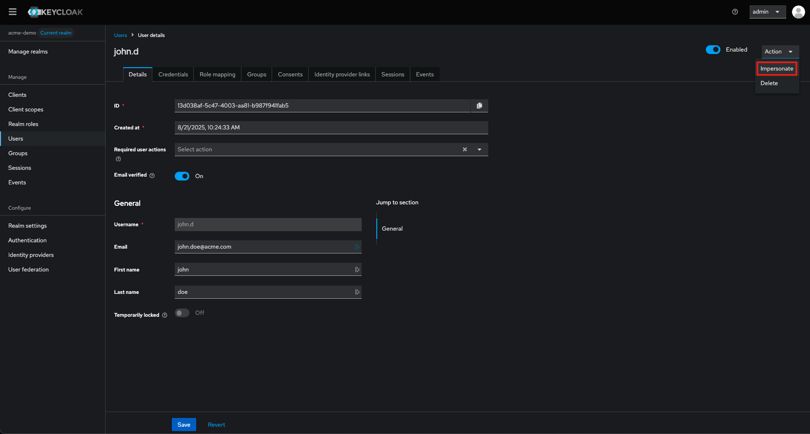 Keycloak Console - Impersonation for Admins