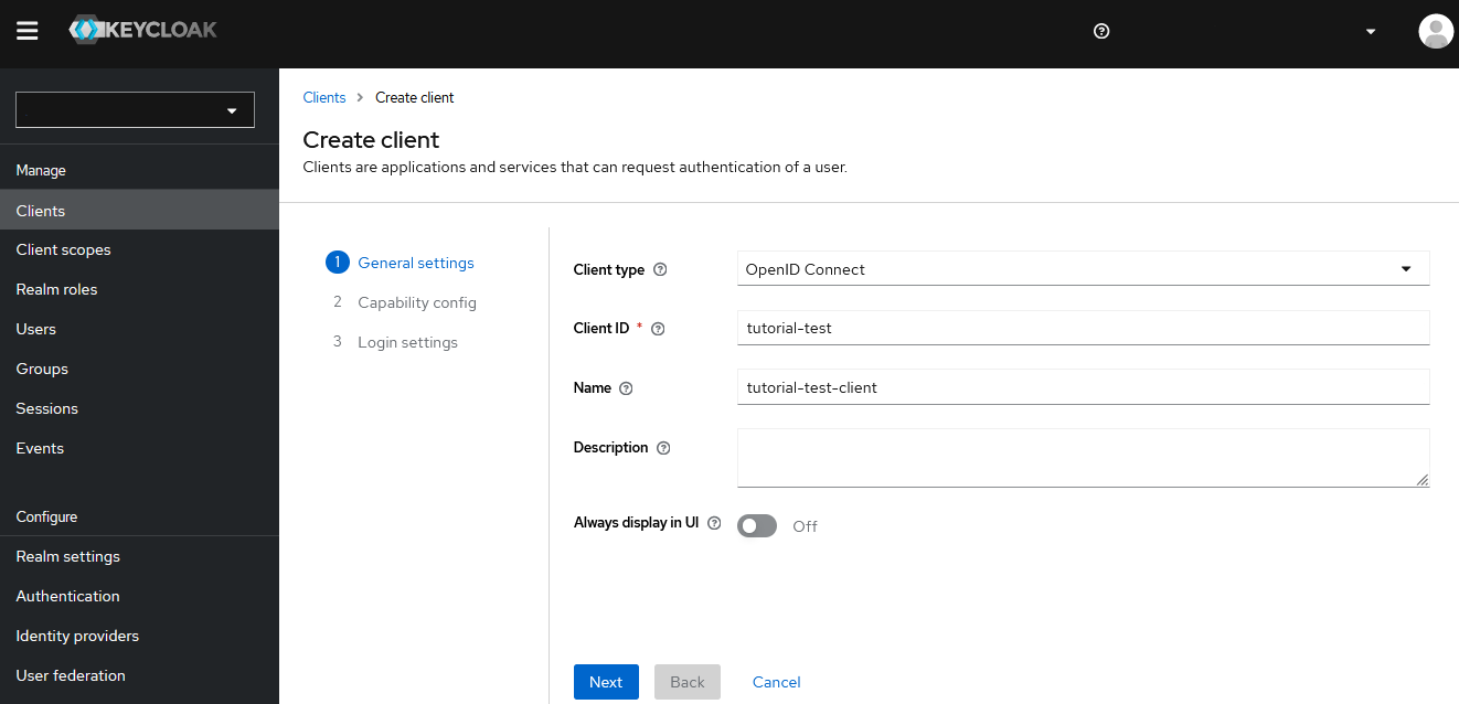 Keycloak Console - Create new client - Step 1