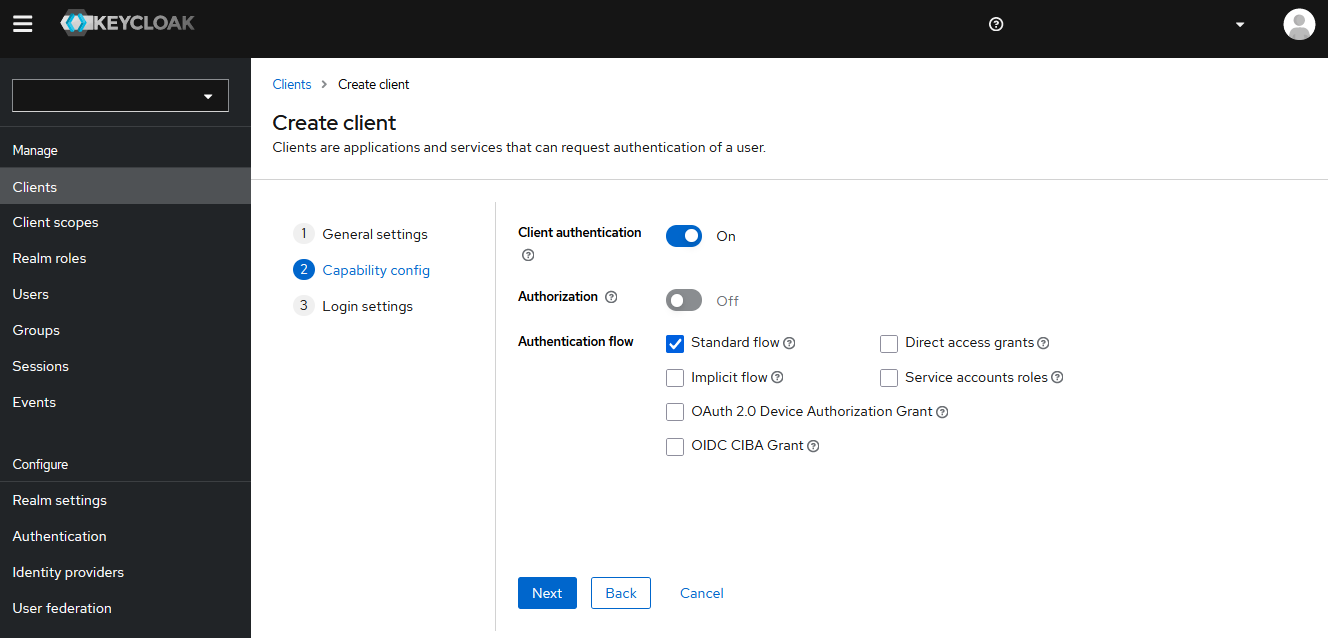 Keycloak Console - Create new client - Step 2