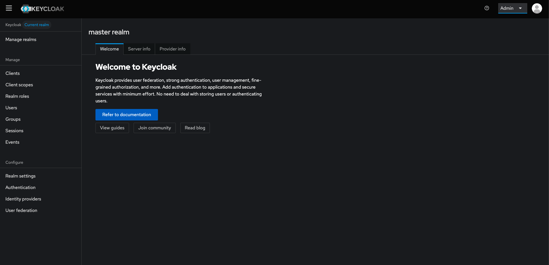Keycloak admin console - Welcome
