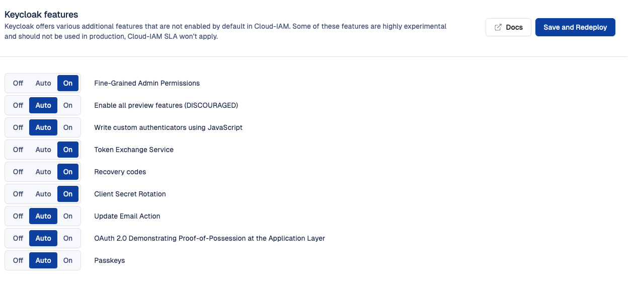 Cloud-IAM Console - Keycloak experimental features