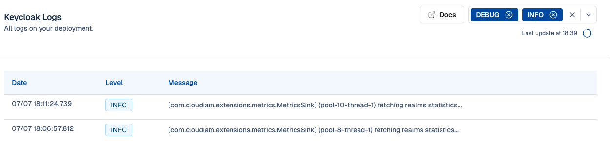 Keycloak logs Feature