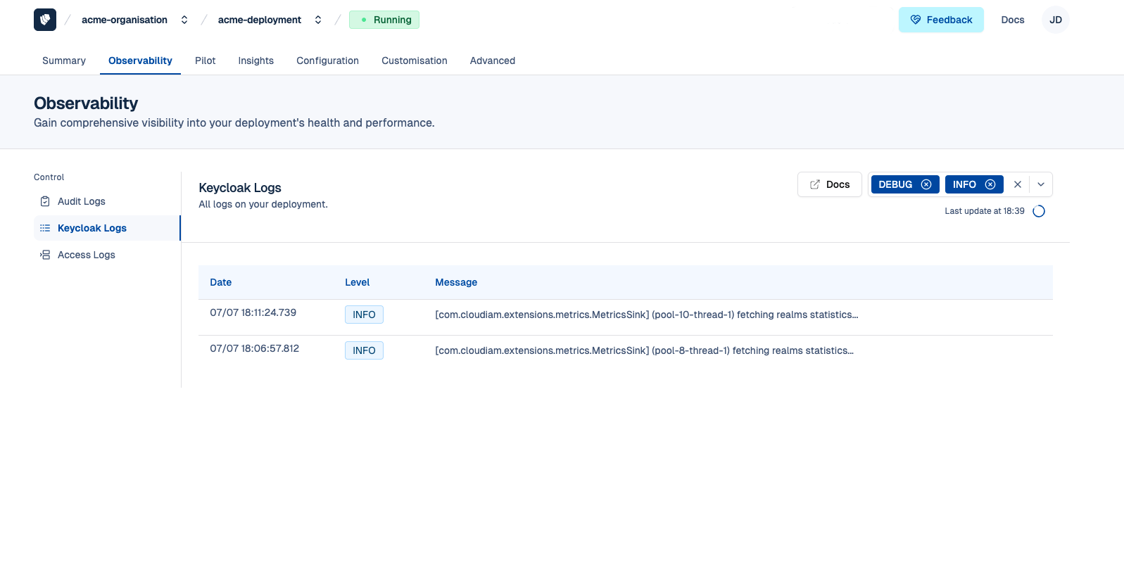 Get Keycloak logs