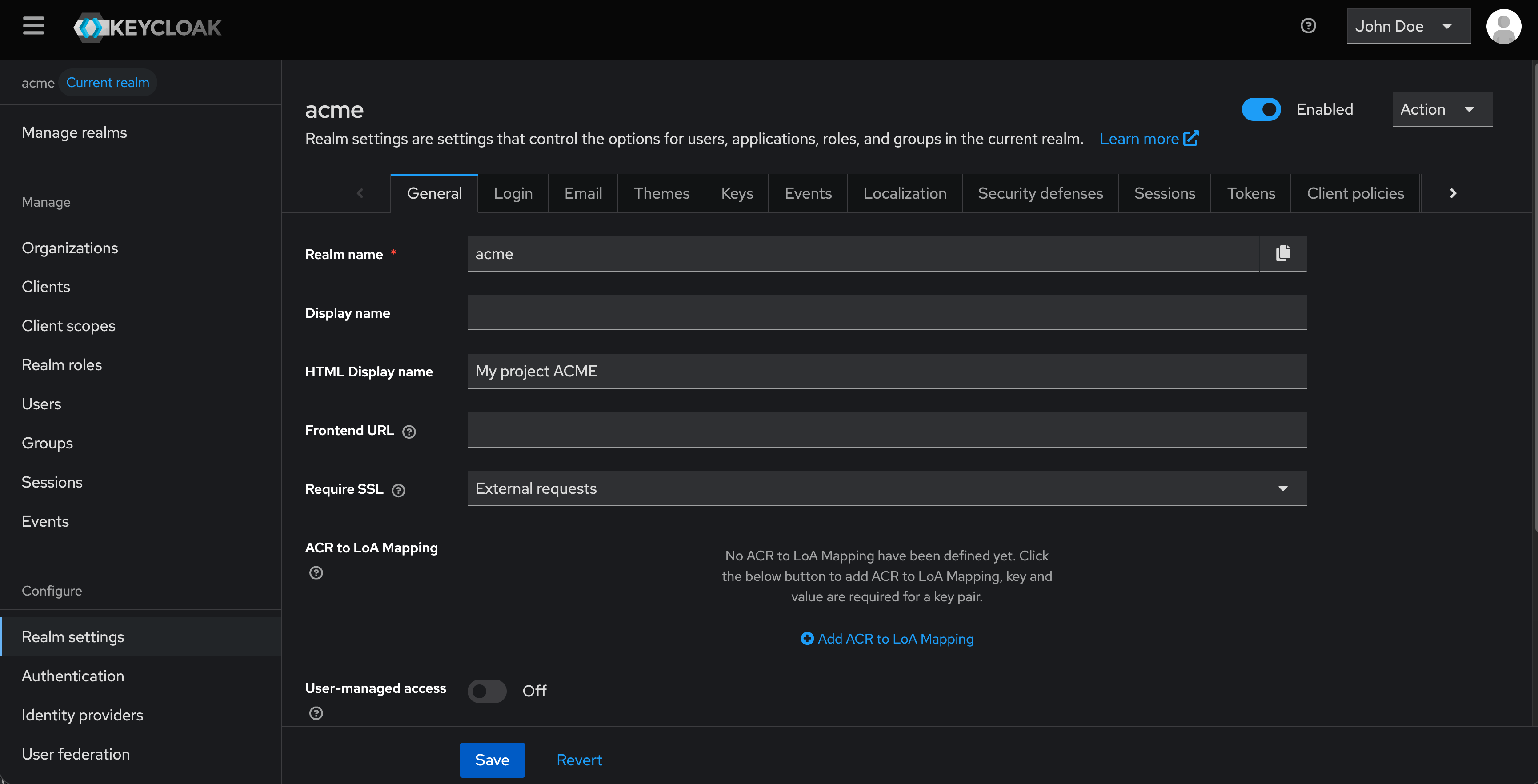 Keycloak Console - Access the Realm settings