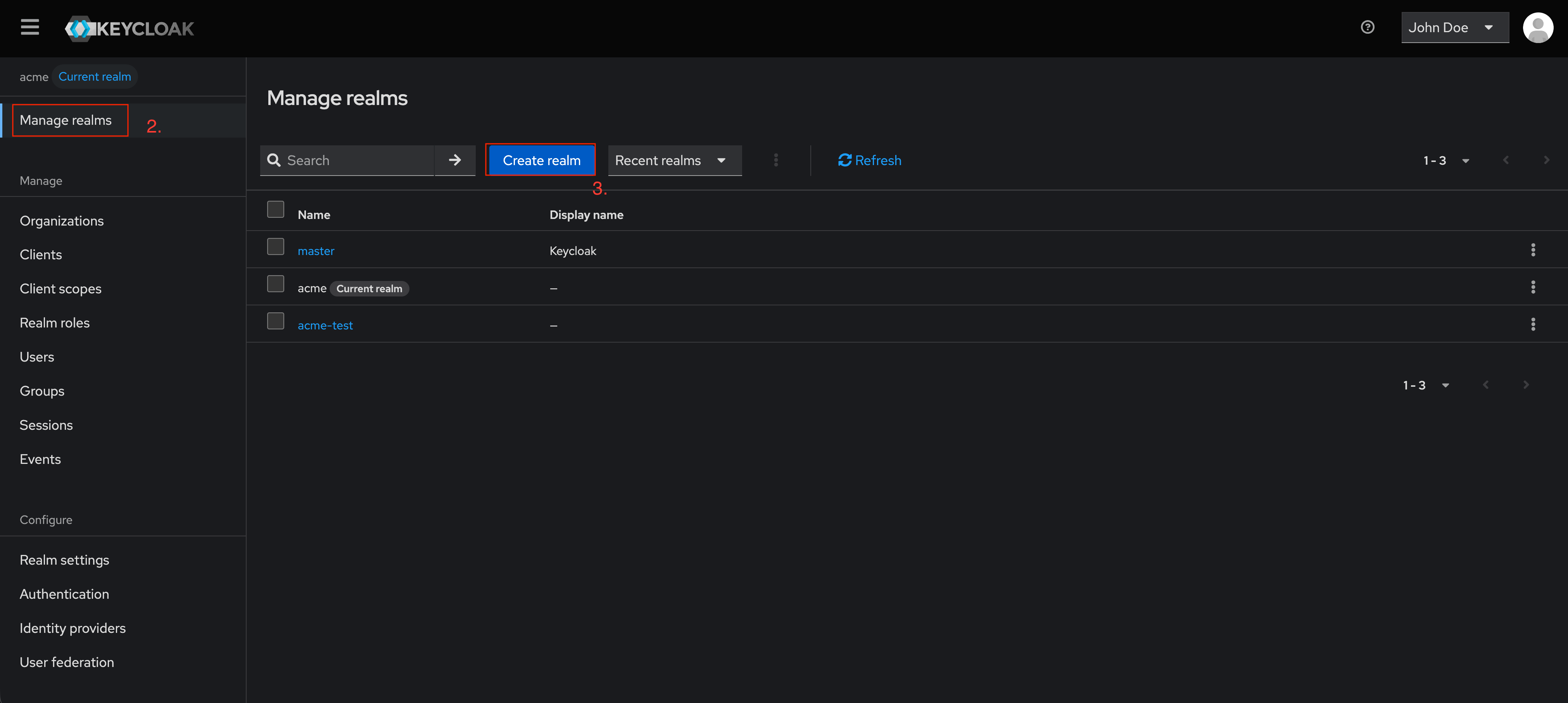 Keycloak Console - Realm Selector