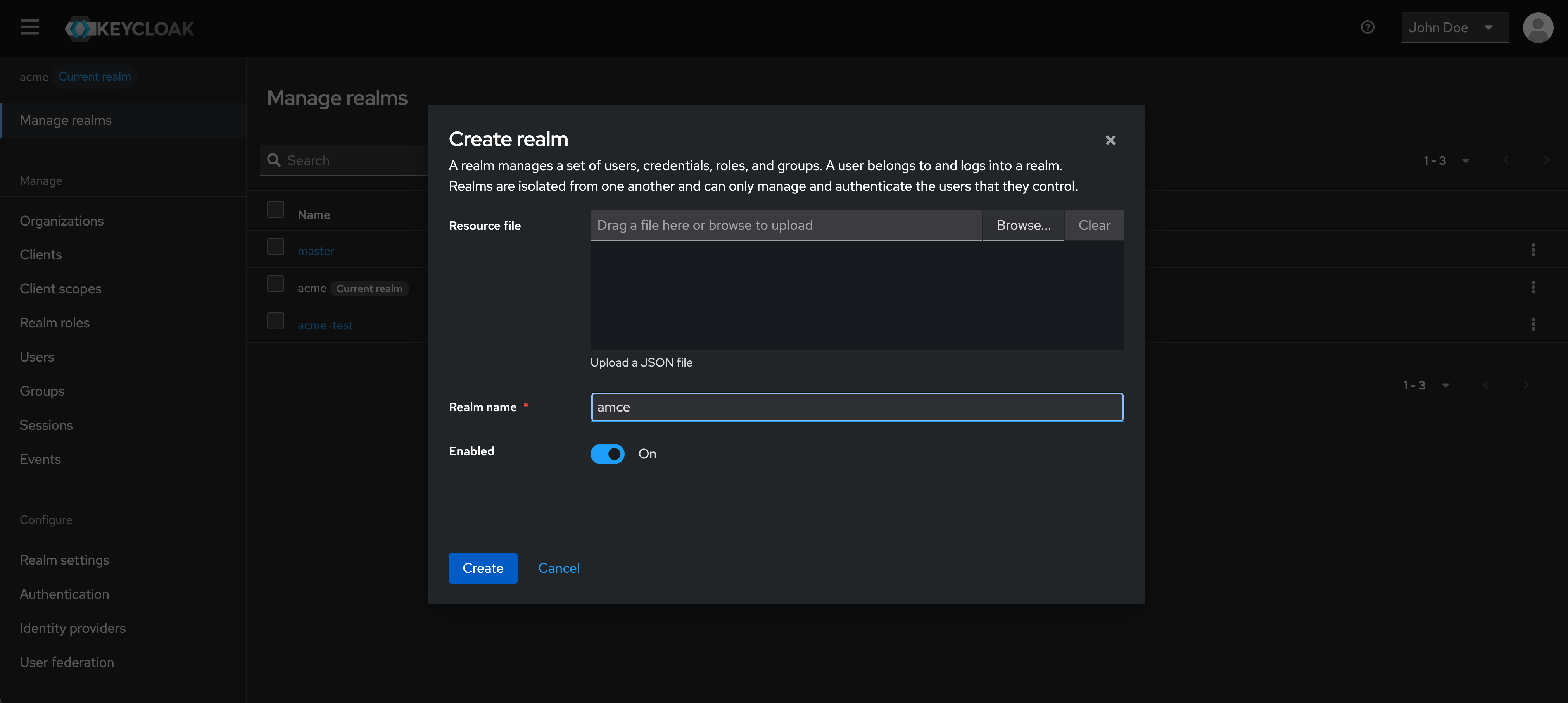 Keycloak Console - Create Realm
