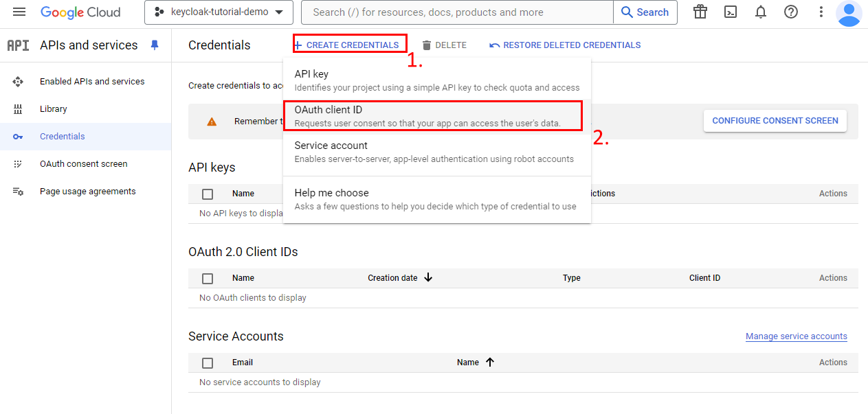 Google Cloud Console - Configure client ID and client secret - Step 2