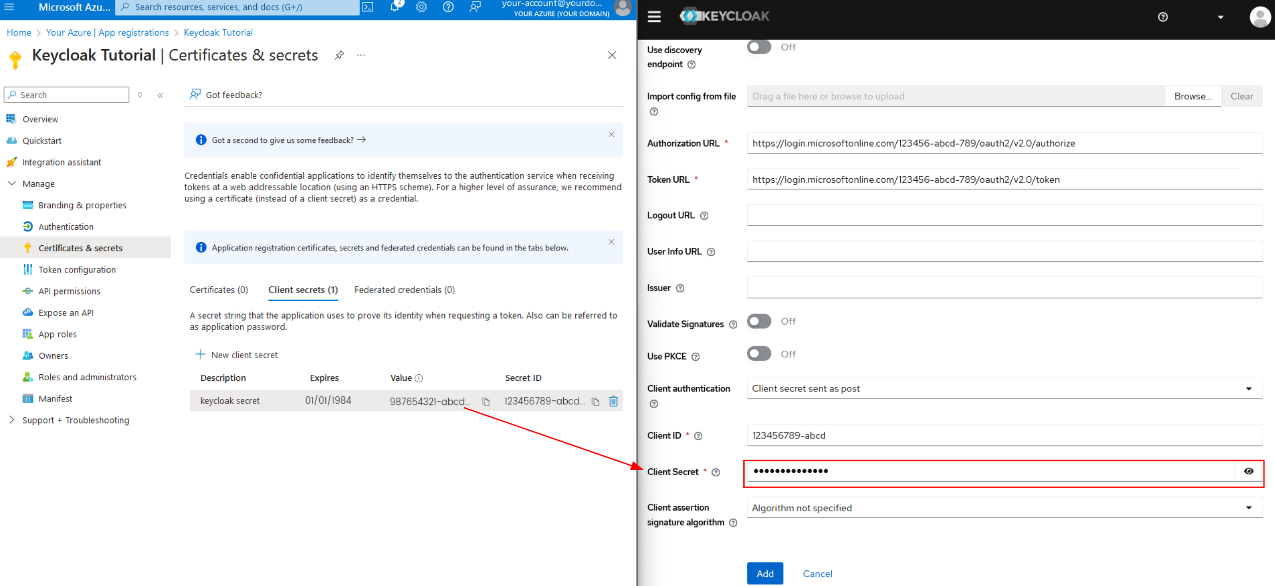 [Azure Portal / Keycloak Console] - Configure client secret