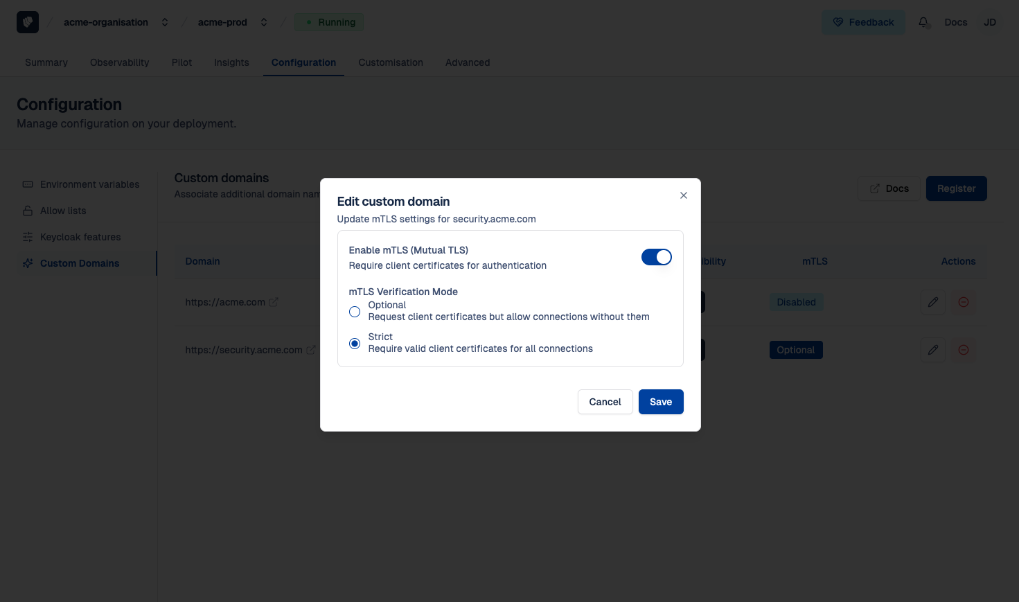 Cloud-IAM Console - Set mTLS Custom Domains as Strict