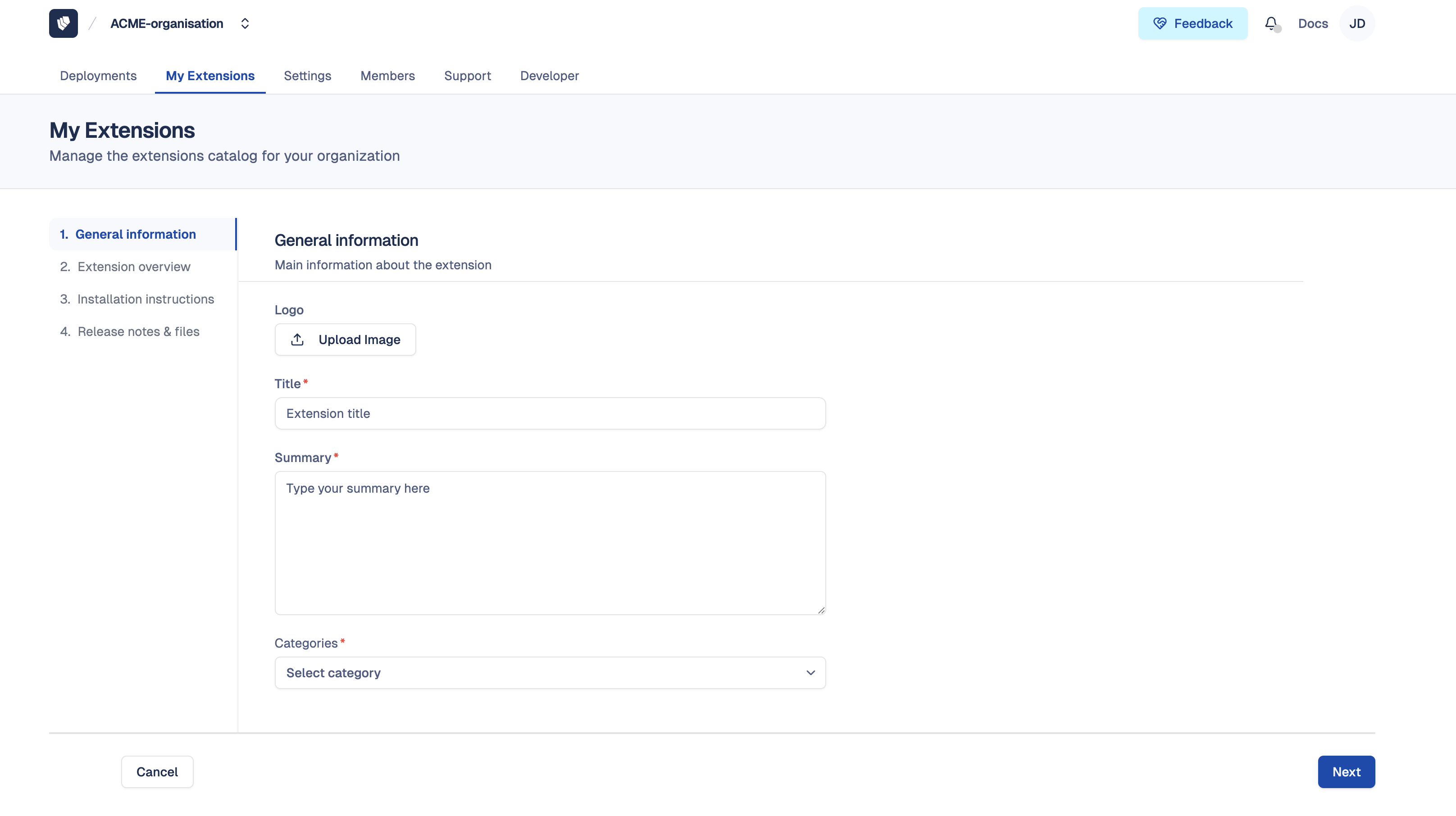 Extension creation — Step 1 — General information