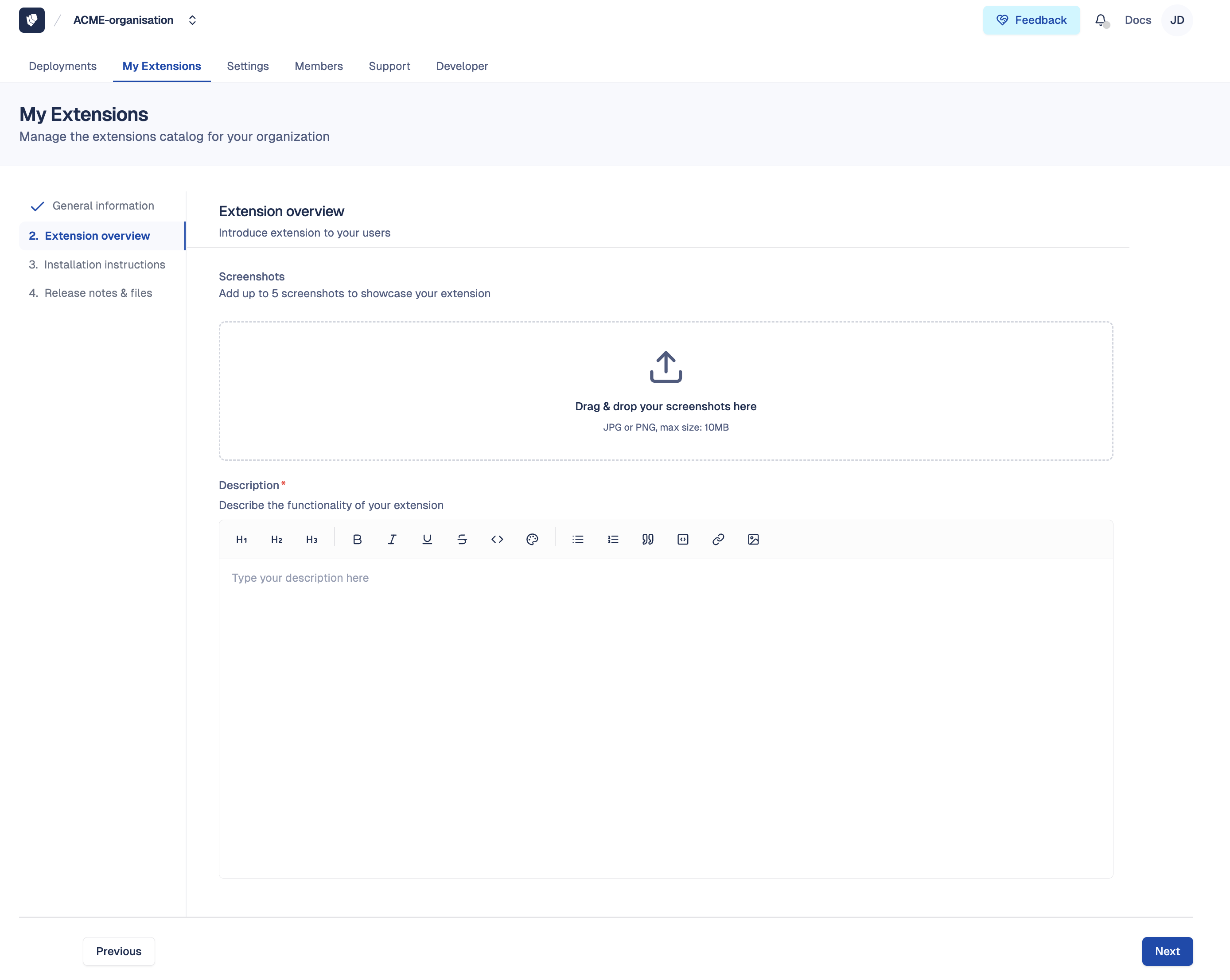 Extension creation — Step 2 — Overview