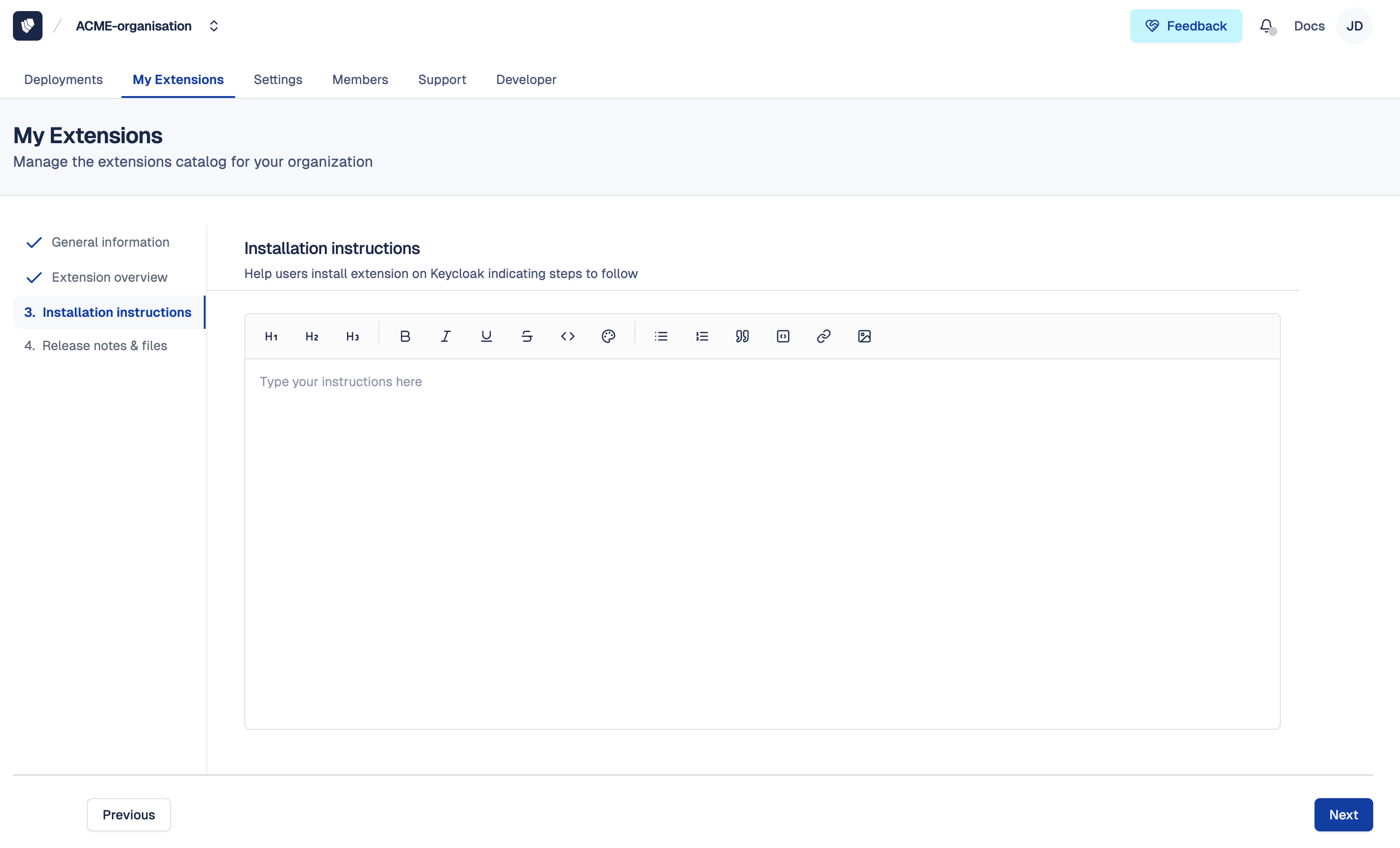 Extension creation — Step 3 — Installation instructions