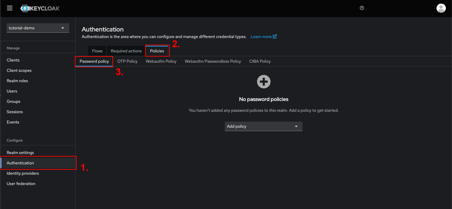 [Keycloak Console] - Access password policy section