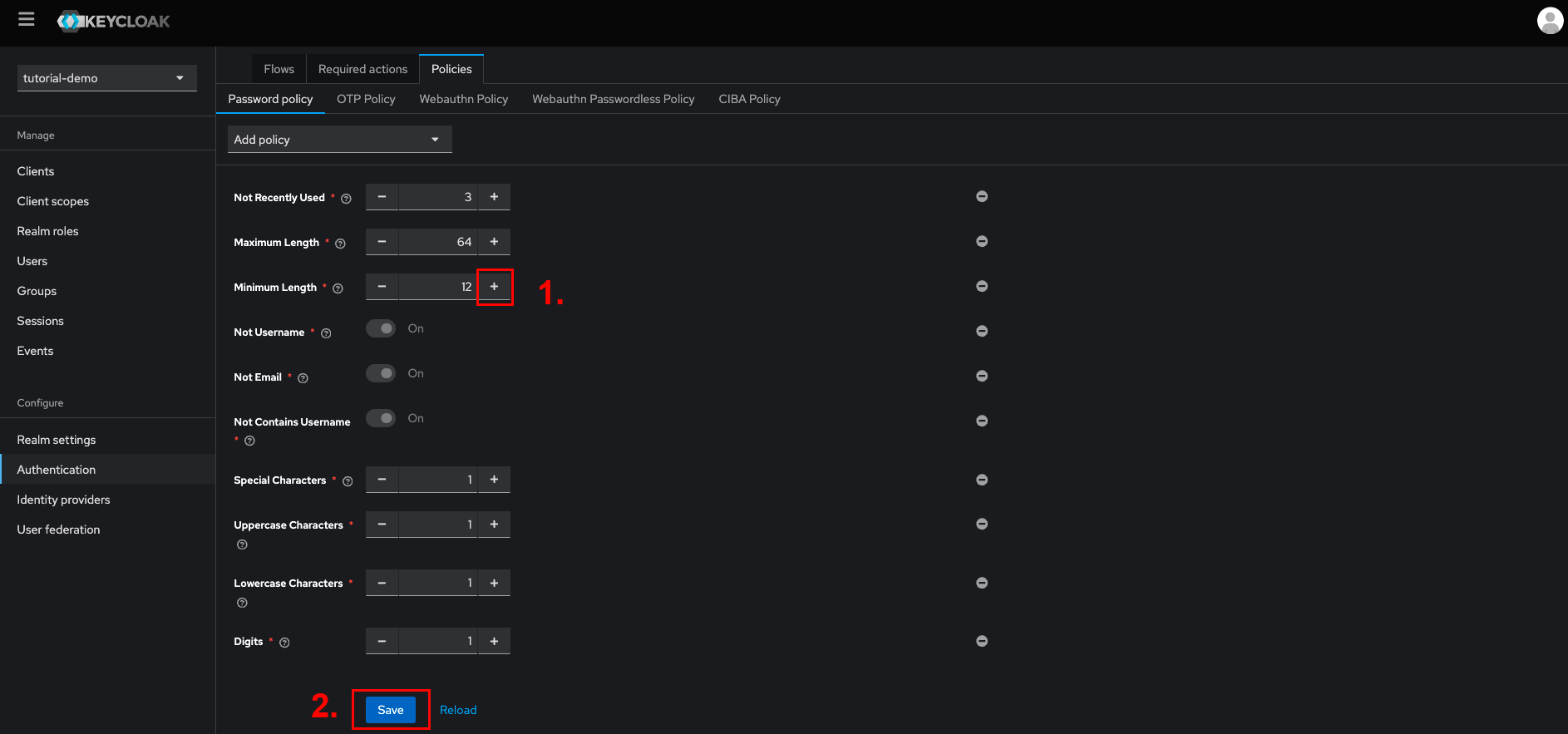 [Keycloak Console] - Configure password policies
