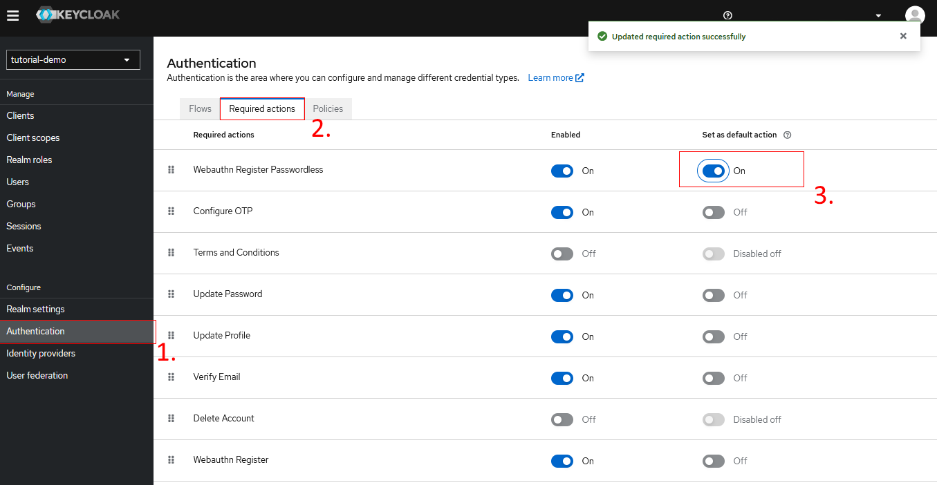 Keycloak console - Required actions