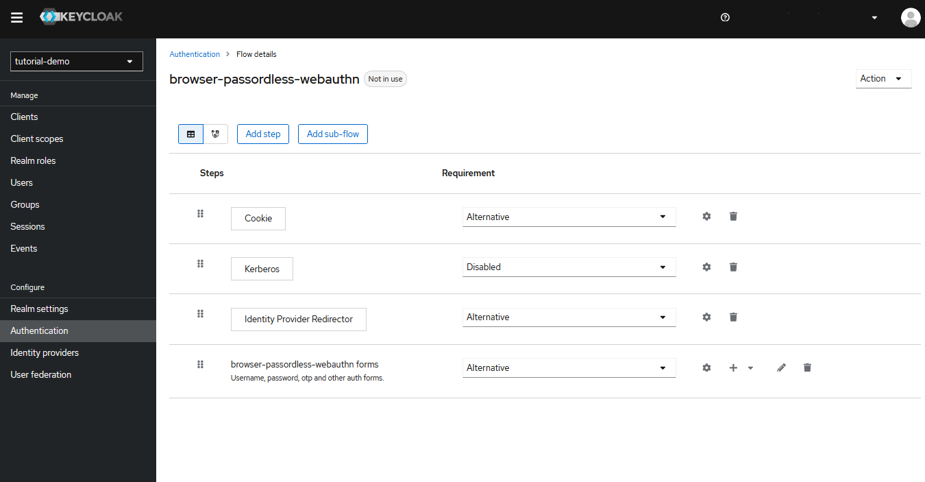 Keycloak console - Delete flow steps