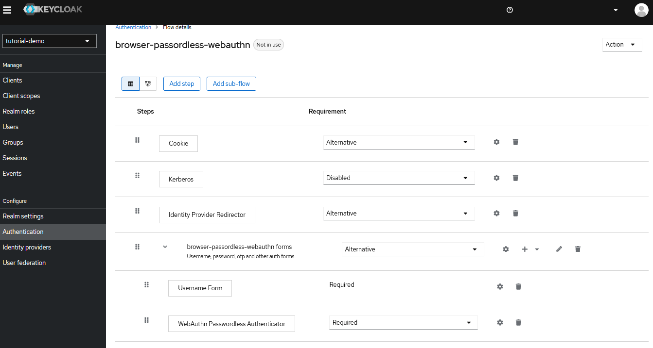 Keycloak console - Add WebAuthn Passwordless Authenticator