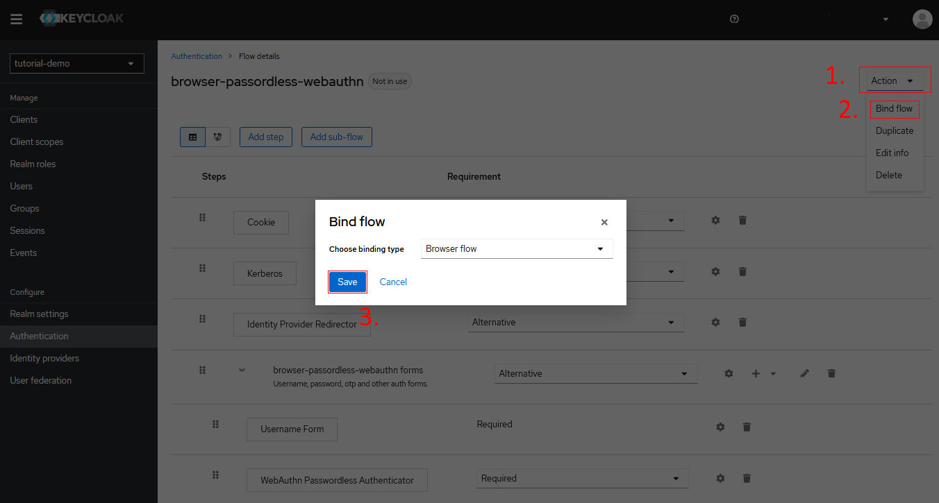 Keycloak console - Change browser to your new flow