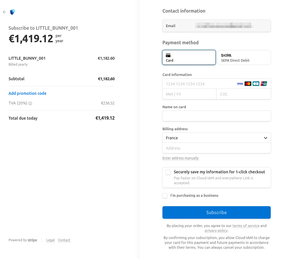 Payment method Credit Card