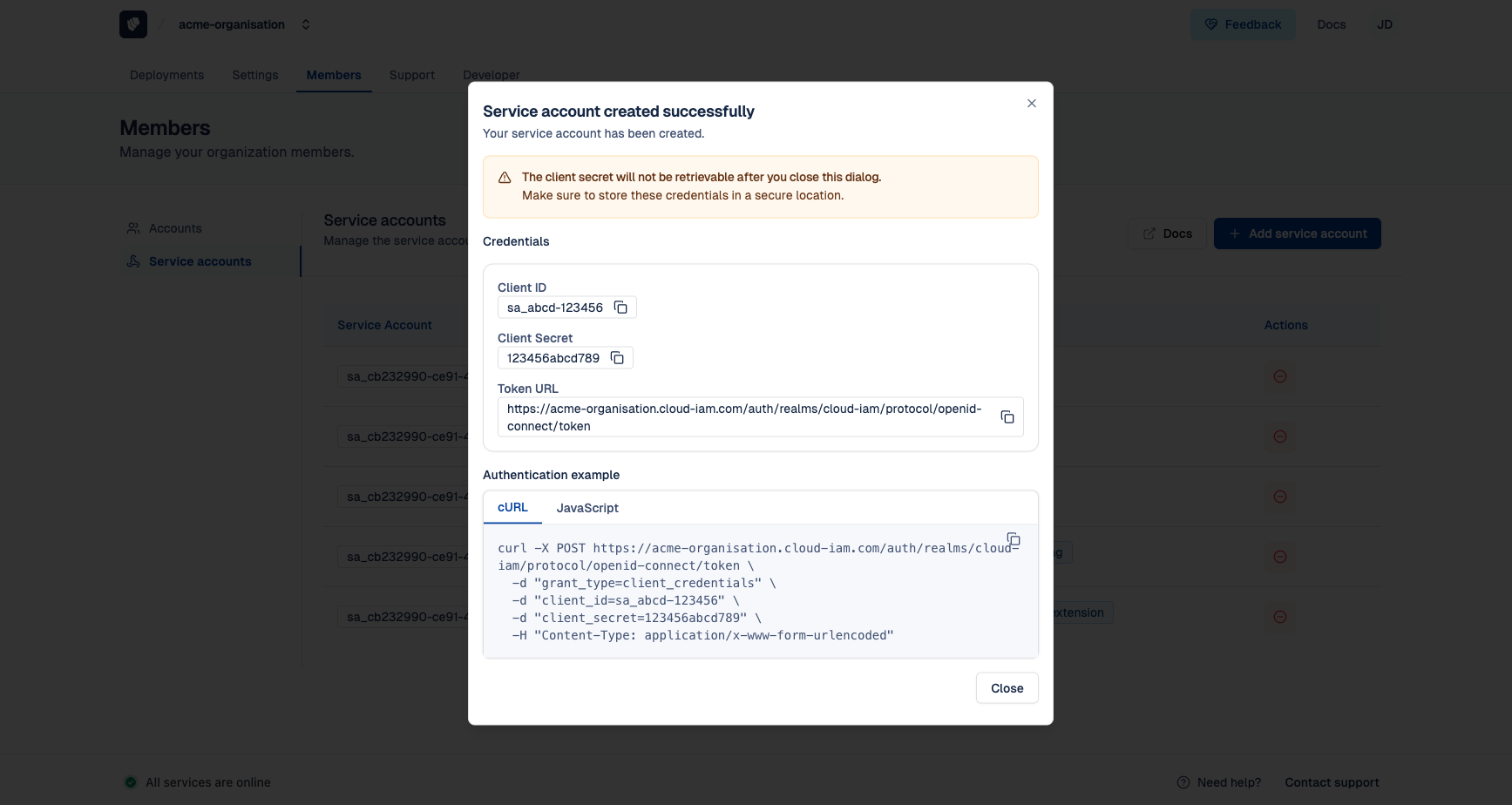 Cloud-IAM Console - Save service account credentials