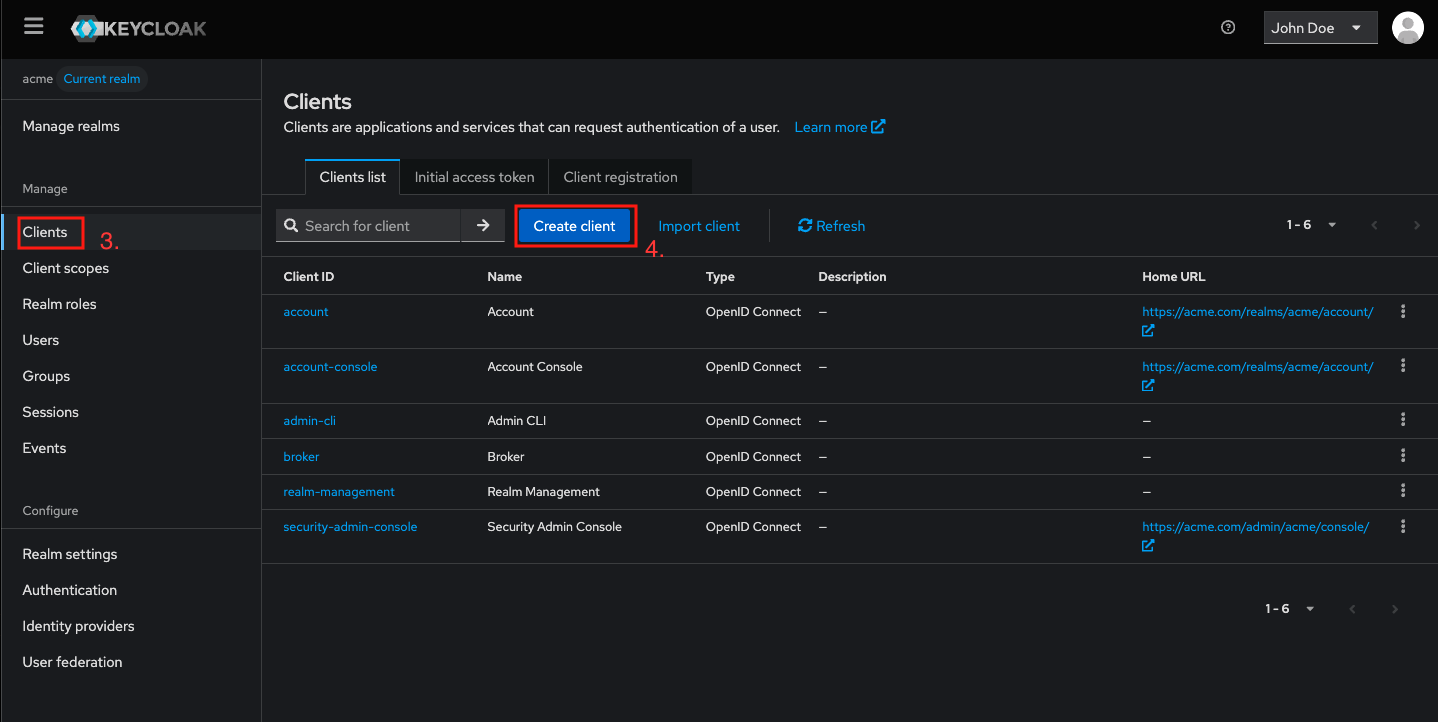 Keycloak admin console - Access Clients section on Keycloak