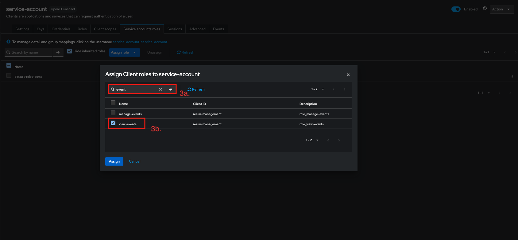 Keycloak admin console - Assign Roles to the Service Account