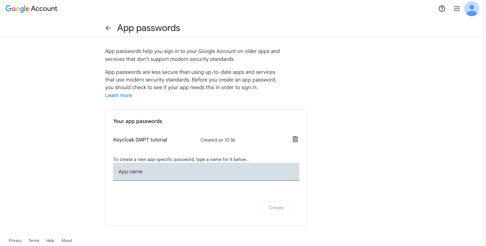 Google - App passwords
