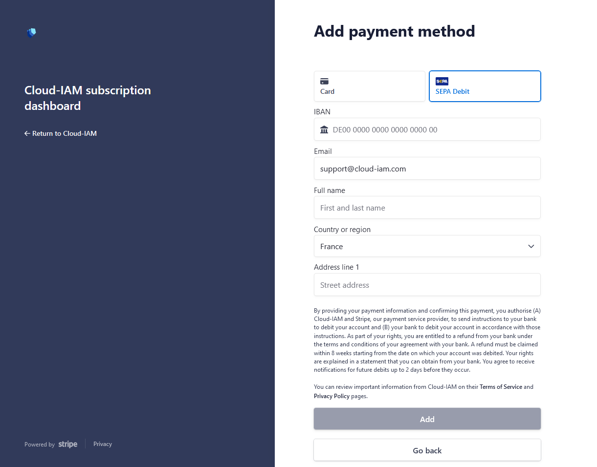 Add payment method - SEPA Form