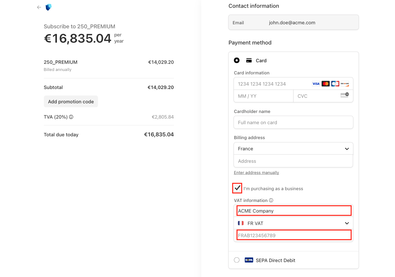 Stripe application – Company billing and VAT