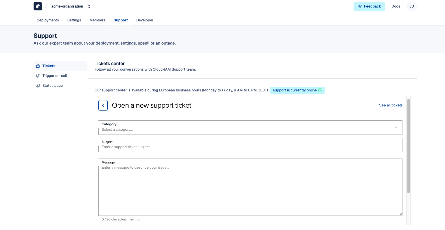 Cloud-IAM Console - Submit new support ticket